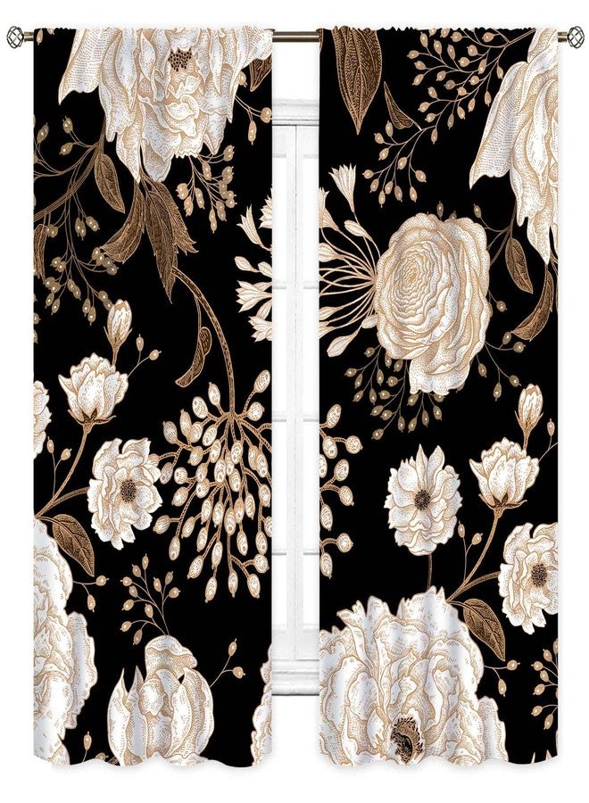 TKUYO Black Floral Curtains, Boho Vintage Black Gold Peony Rose Gothic Spring Flower Blossom Art Printed Aesthetic Retro Country Window Drapes for Kitchen Bedroom Living Room Bathroom 2 Panels, 84"x63" Inch - Image 2